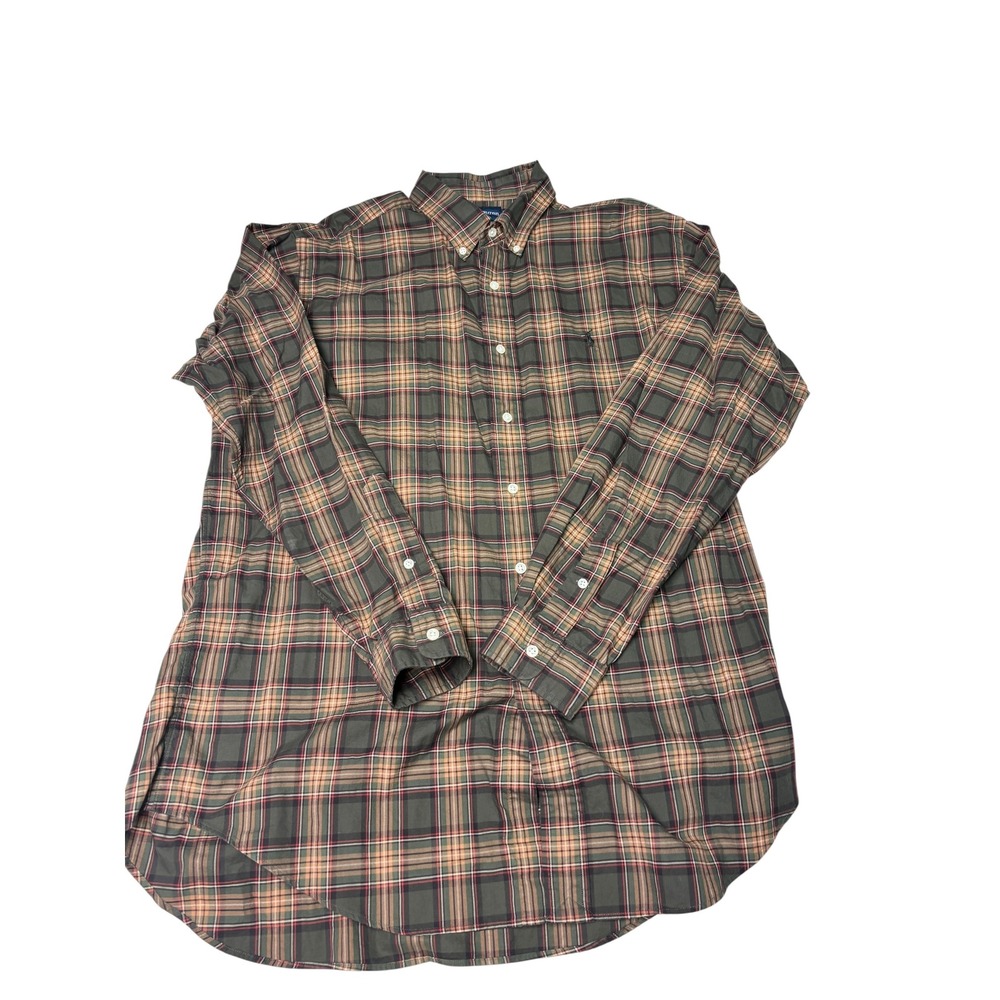 Ralph Lauren Classic Fit Plaid Shirt Mens Large Olive Green Tan Red Button Down